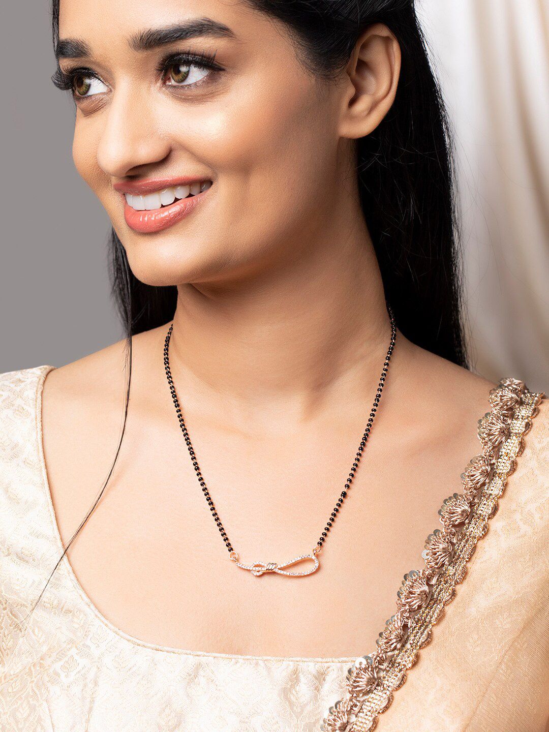 Dhiyona RJ Women's 18K Rose Gold-Plated Black Beaded Infinity Mangalsutra with Cubic Zirconia Accents