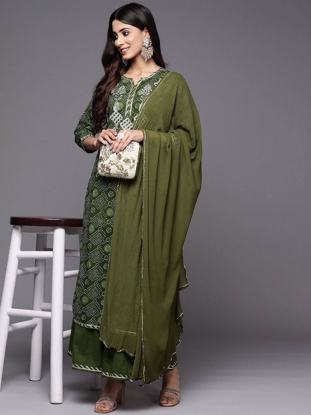 Women Green Bandhani Printed Thread Work Kurta with Sharara & With Dupatta