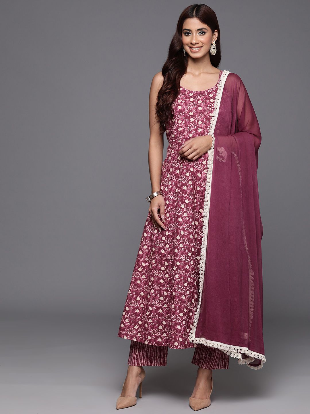 Dhiyona VA Women'sFloral Printed Pure Cotton Anarkali Kurta with Trousers & Dupatta
