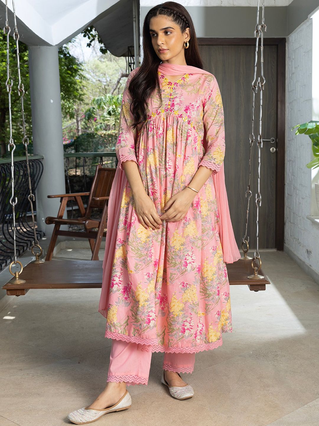 Dhiyona SN Women's Floral Printed Thread Work Pure Cotton A-Line Kurta With Trouser & Dupatta