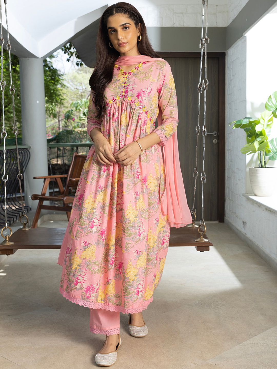 Dhiyona SN Women's Floral Printed Thread Work Pure Cotton A-Line Kurta With Trouser & Dupatta