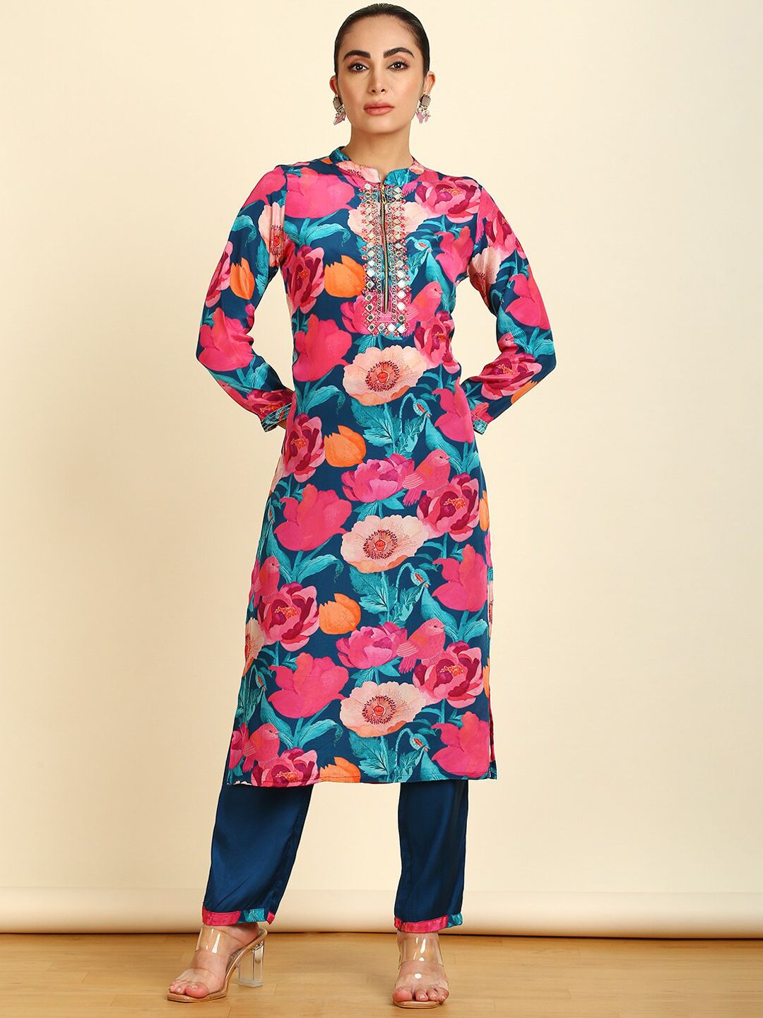Dhiyona SO Women's Floral Printed Straight Mirror Work Kurta With Trousers & Dupatta