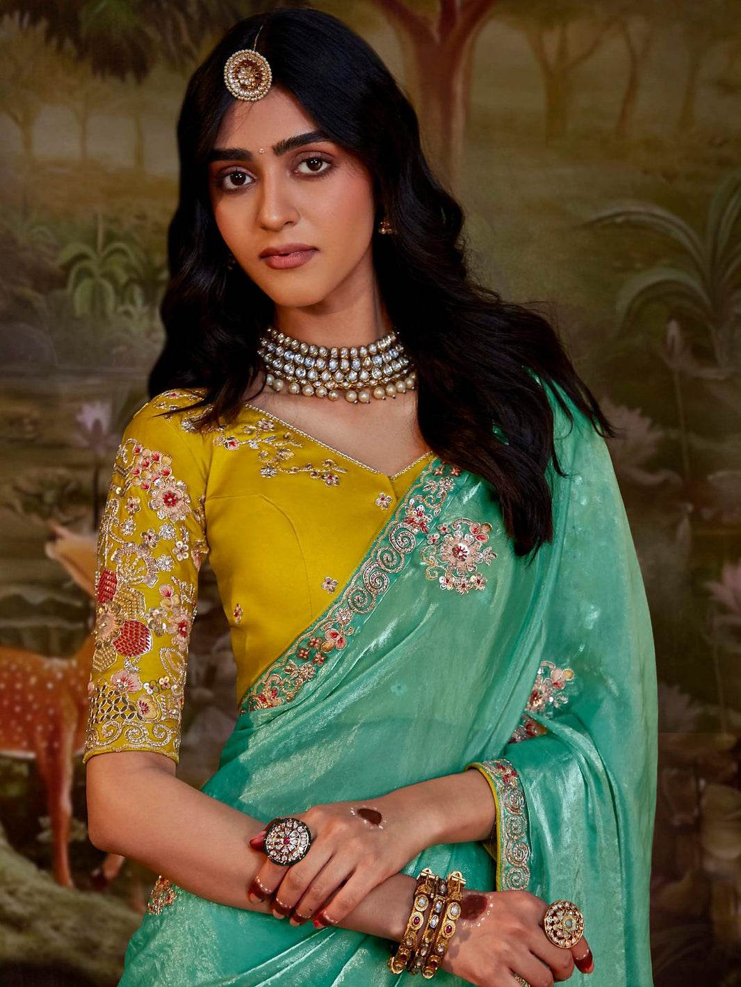 Dhiyona KM Women Sea Green Silk Sequence Embroidery Saree