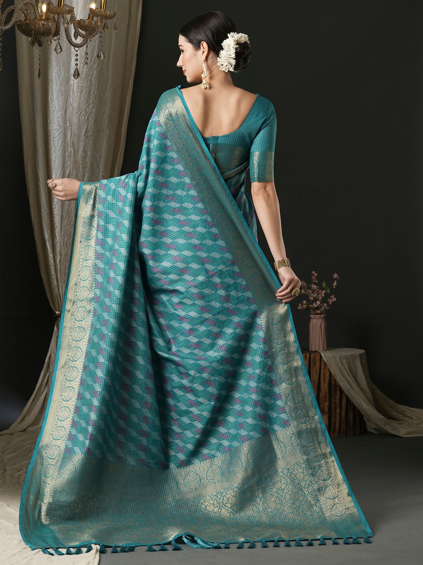 Women's Silk Blend Blue Woven Design Designer Saree With Blouse Piece
