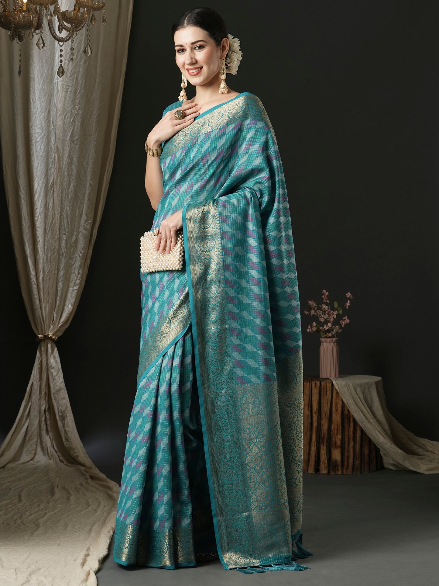 Women's Silk Blend Blue Woven Design Designer Saree With Blouse Piece