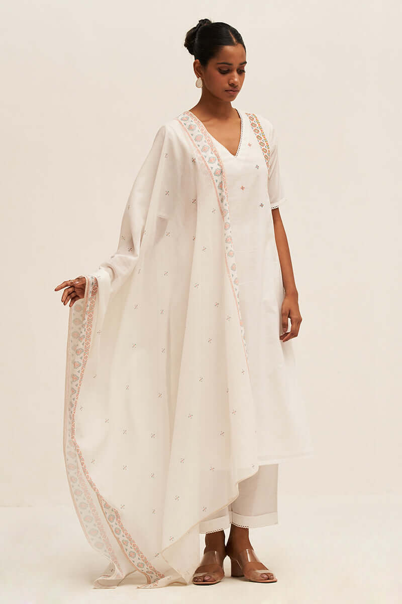Women's White Embroidered Cotton Salwar Suit