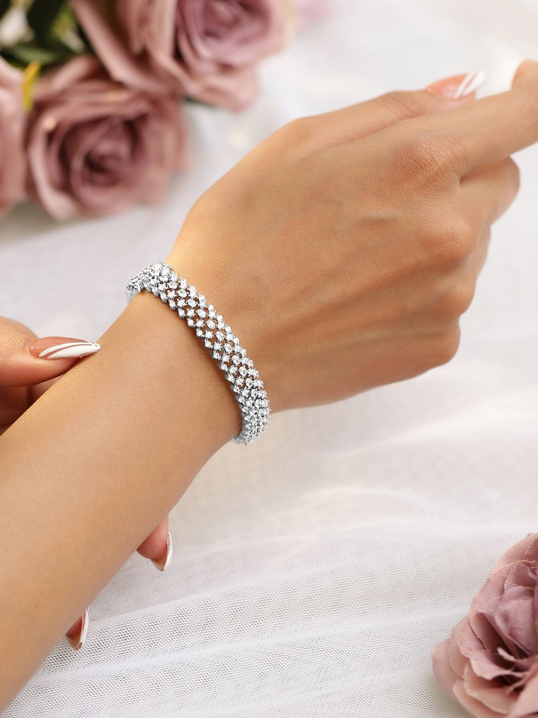 Dhiyona RJ Women's Rhodium Plated Cubic Zirconia Cuff Bracelet