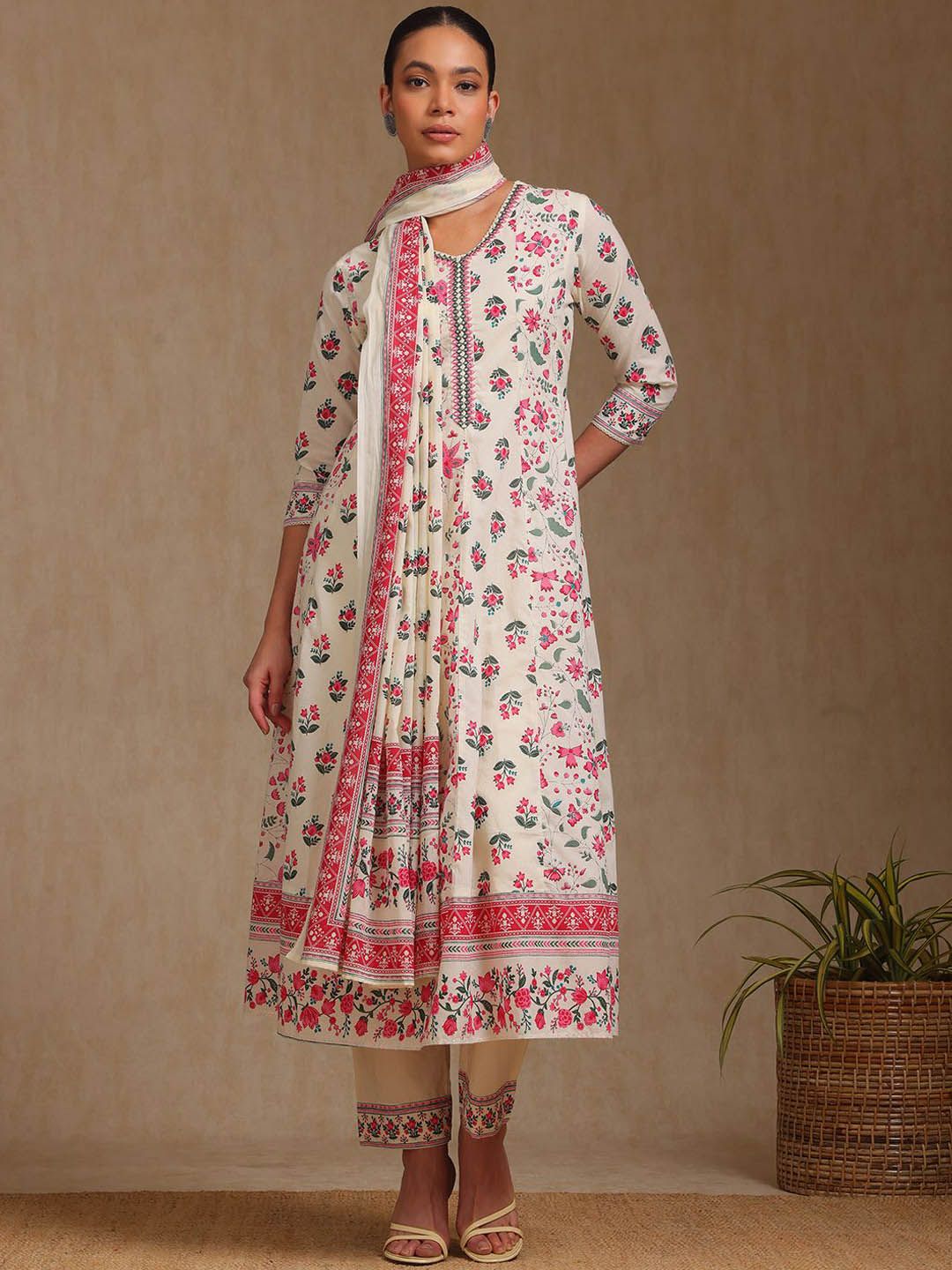 Dhiyona SO Women's Floral Printed V-Neck A-Line Kurta With Trousers And Dupatta