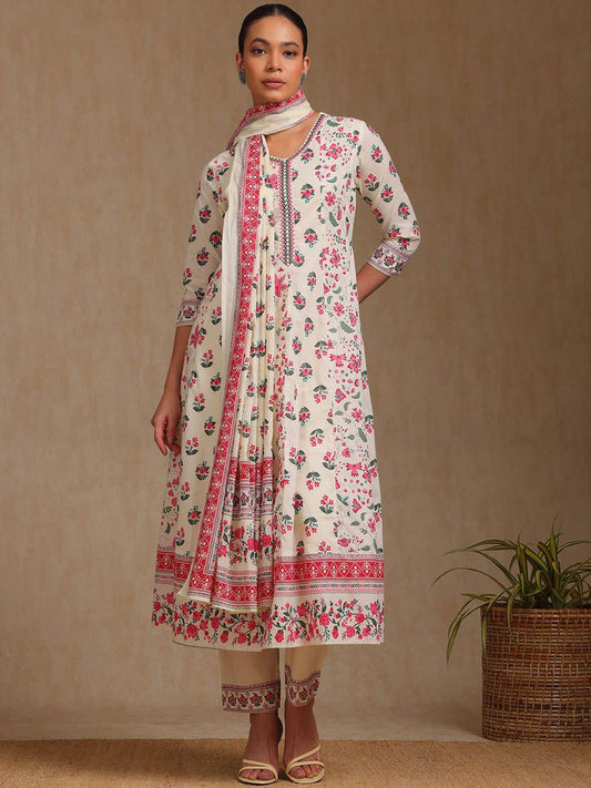 Dhiyona SO Women's Floral Printed V-Neck A-Line Kurta With Trousers And Dupatta