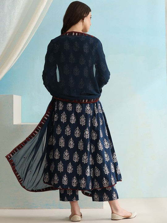 Women's Ethnic Motifs Printed V-Neck Pure Cotton A-Line Kurta with Palazzos & Dupatta