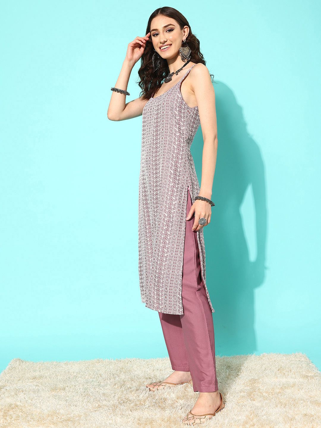 Dhiyona VA Women's Mauve Ethnic Motifs Embroidered Regular Kurta with Trousers & With Dupatta