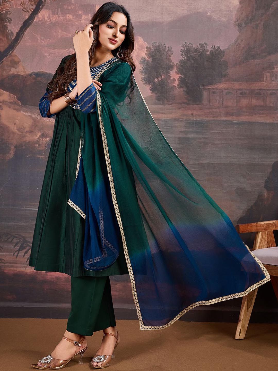 Dhiyona PD Women Floral Yoke Design Sequinned A-Line Kurta & Trousers With Dupatta