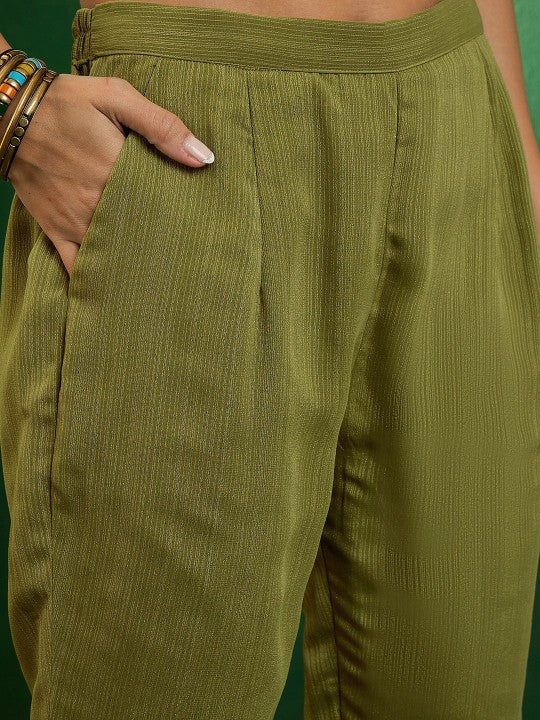 Women's Embroidered V-Neck Kurta With Trousers & Dupatta