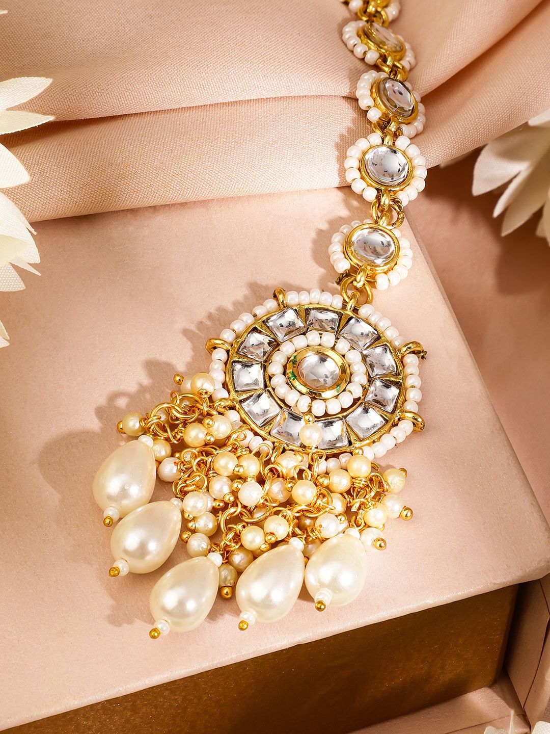 Dhiyona RJ Women's 18K Gold-Plated Kundan & Pearl Beaded Maang Tikka Head Jewellery