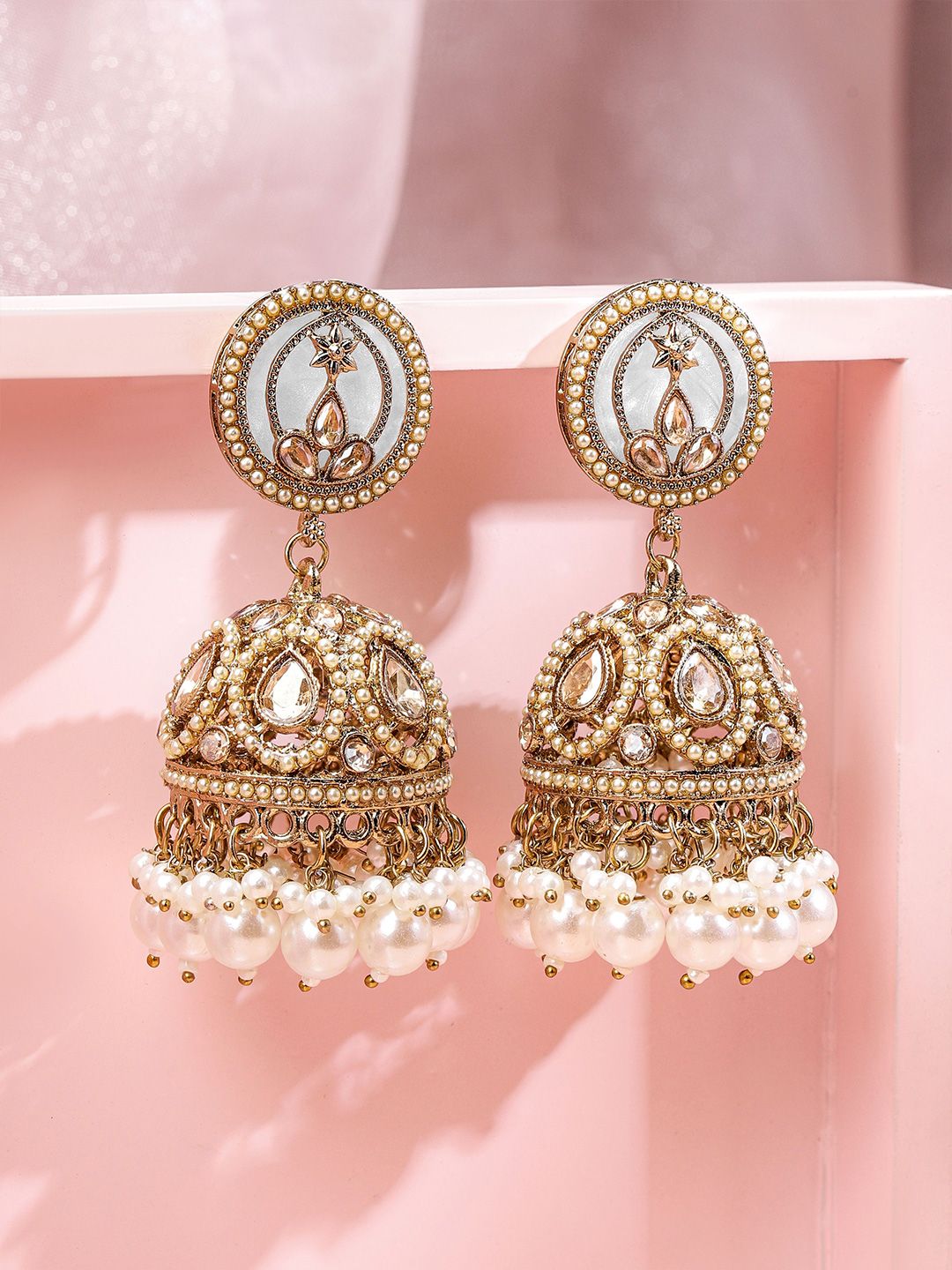 Dhiyona RJ Women's 18K Gold-Plated Kundan Studded Dome-Shaped Jhumka Earrings with Pearl Bead Accents