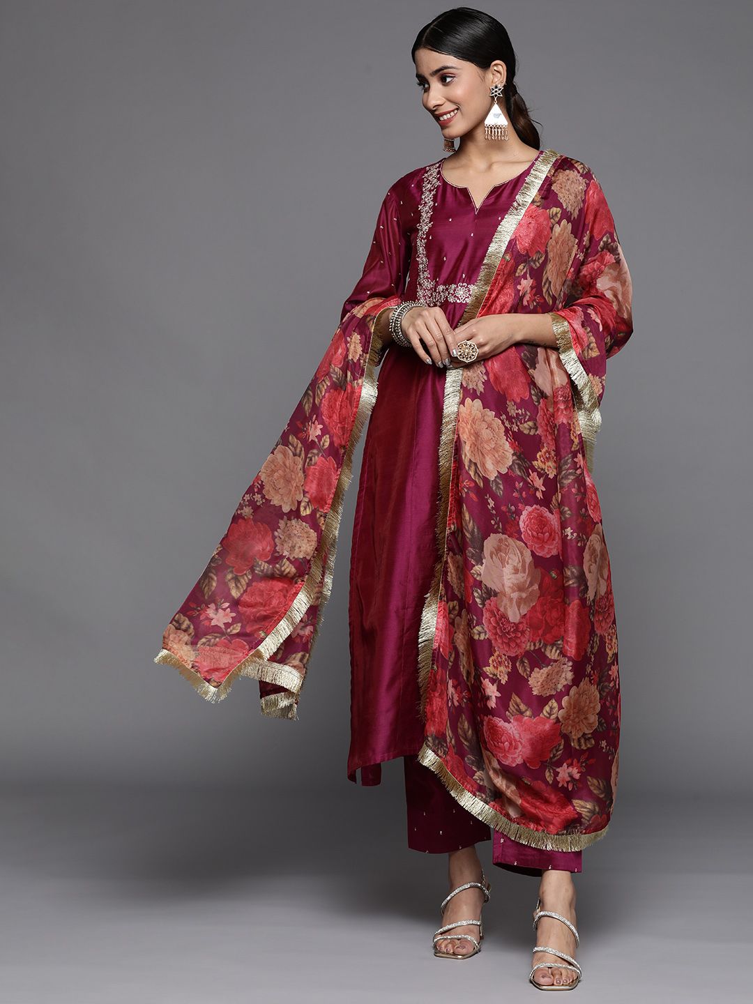 Dhiyona VA Women's Yoke Design Sequinned Chanderi Silk Kurta With Trousers & Dupatta