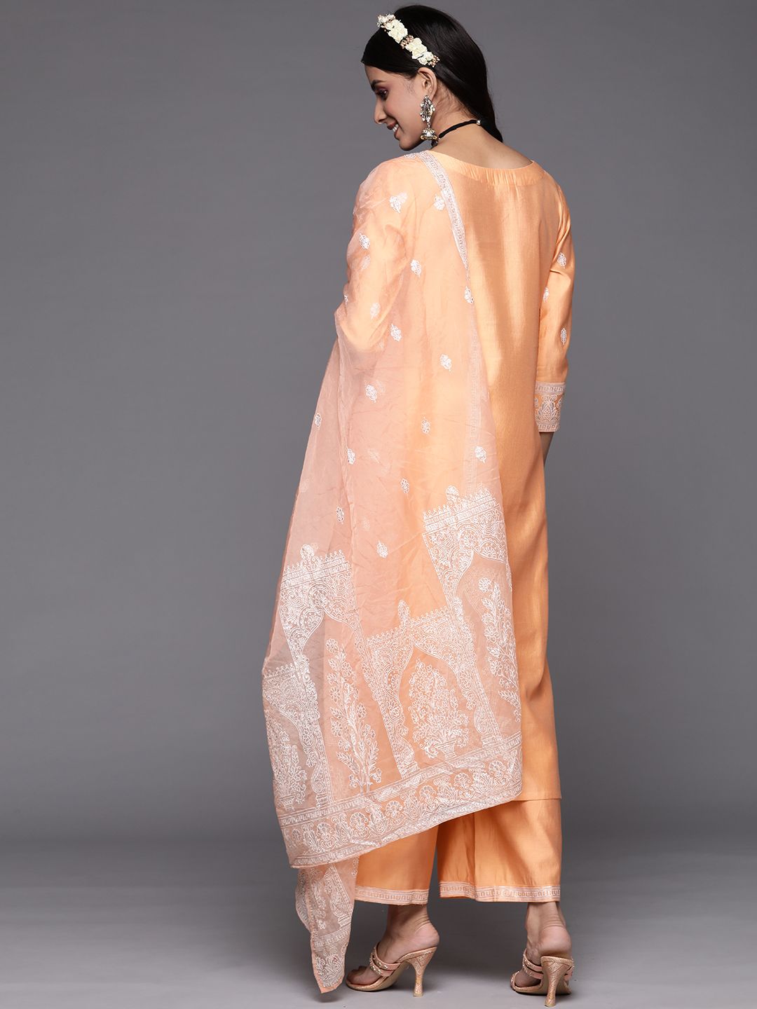 Women Orange Ethnic Motifs Printed Liva Kurta with Trousers & With Dupatta