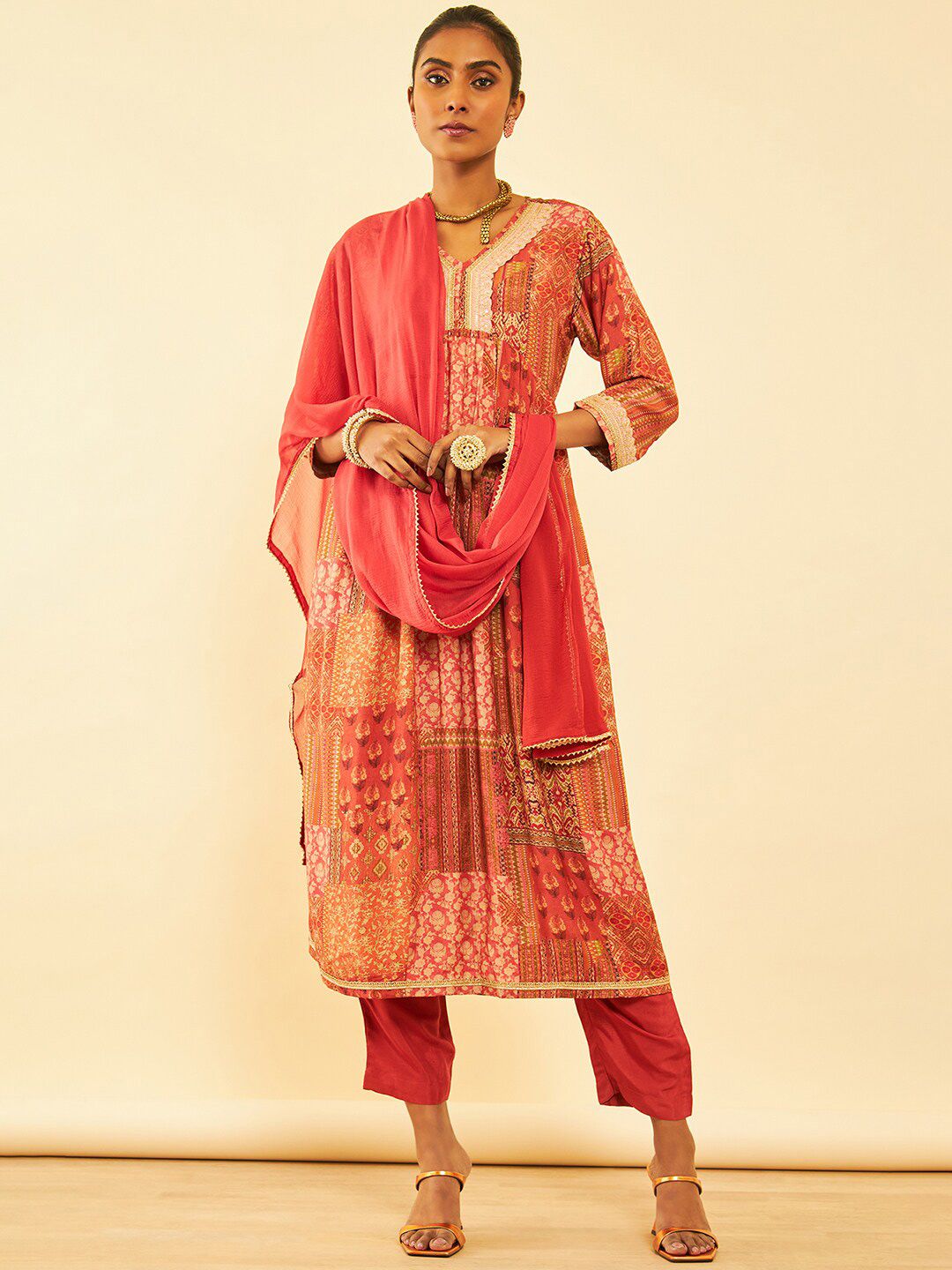 Dhiyona SO Women's Rust Printed Anarkali Kurta with Trousers & Dupatta