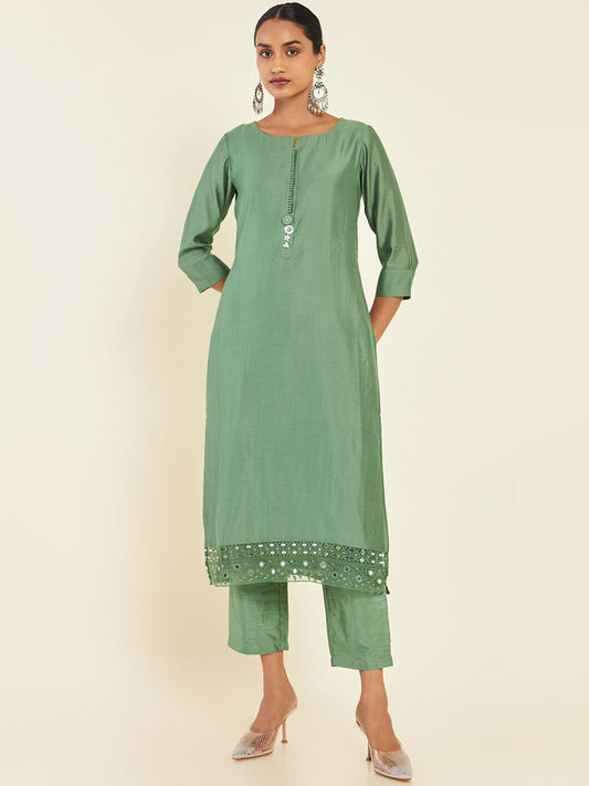 Dhiyona SO Women's Green Regular Straight Chanderi Silk Kurta With Trousers