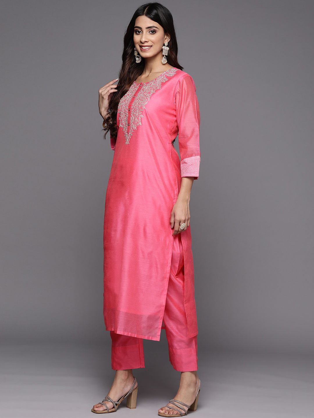 Dhiyona VA Women'sPink & Green Yoke Design Chanderi Silk Kurta with Trousers & With Dupatta