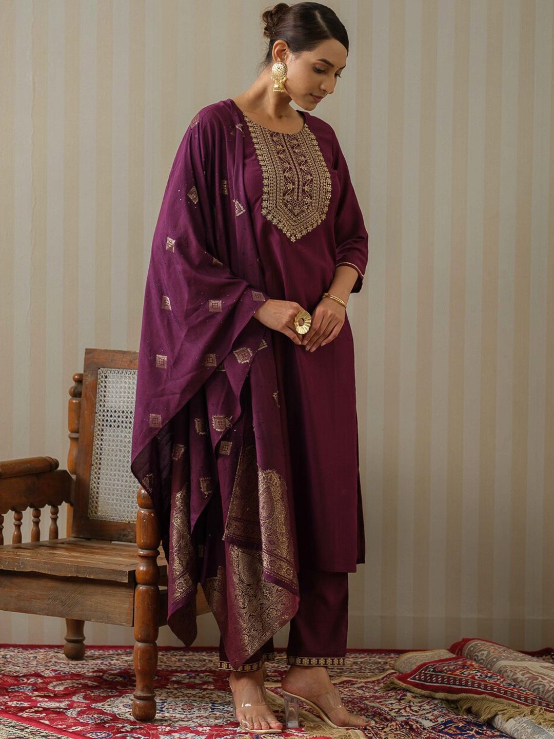 Dhiyona OD Purple Ethnic Motifs Straight Kurta & Trousers With Dupatta