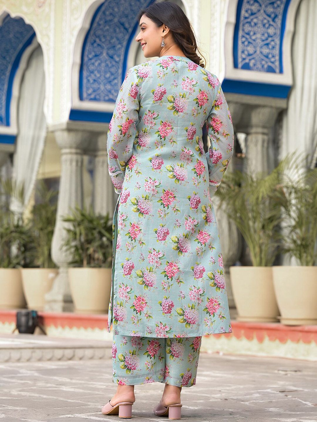 Dhiyona VA Women'sFloral Printed Long sleeves Calf Length Straight Kurta With Trouser