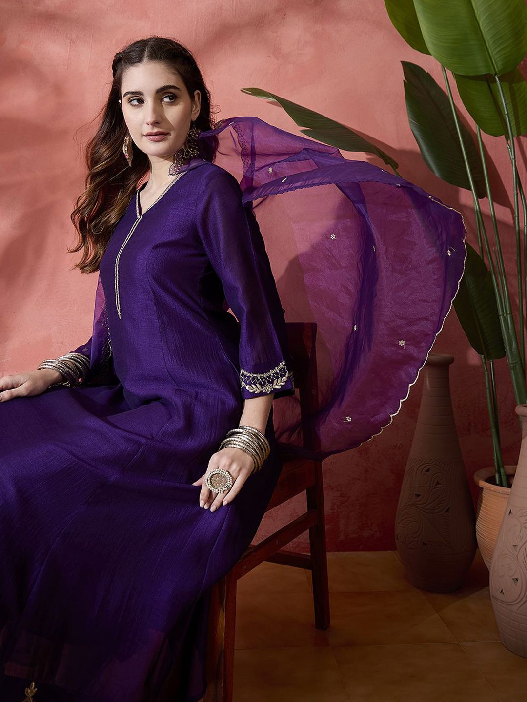 Dhiyona SN Women's Floral Embroidered V-Neck A-Line Kurta With Trousers & Dupatta