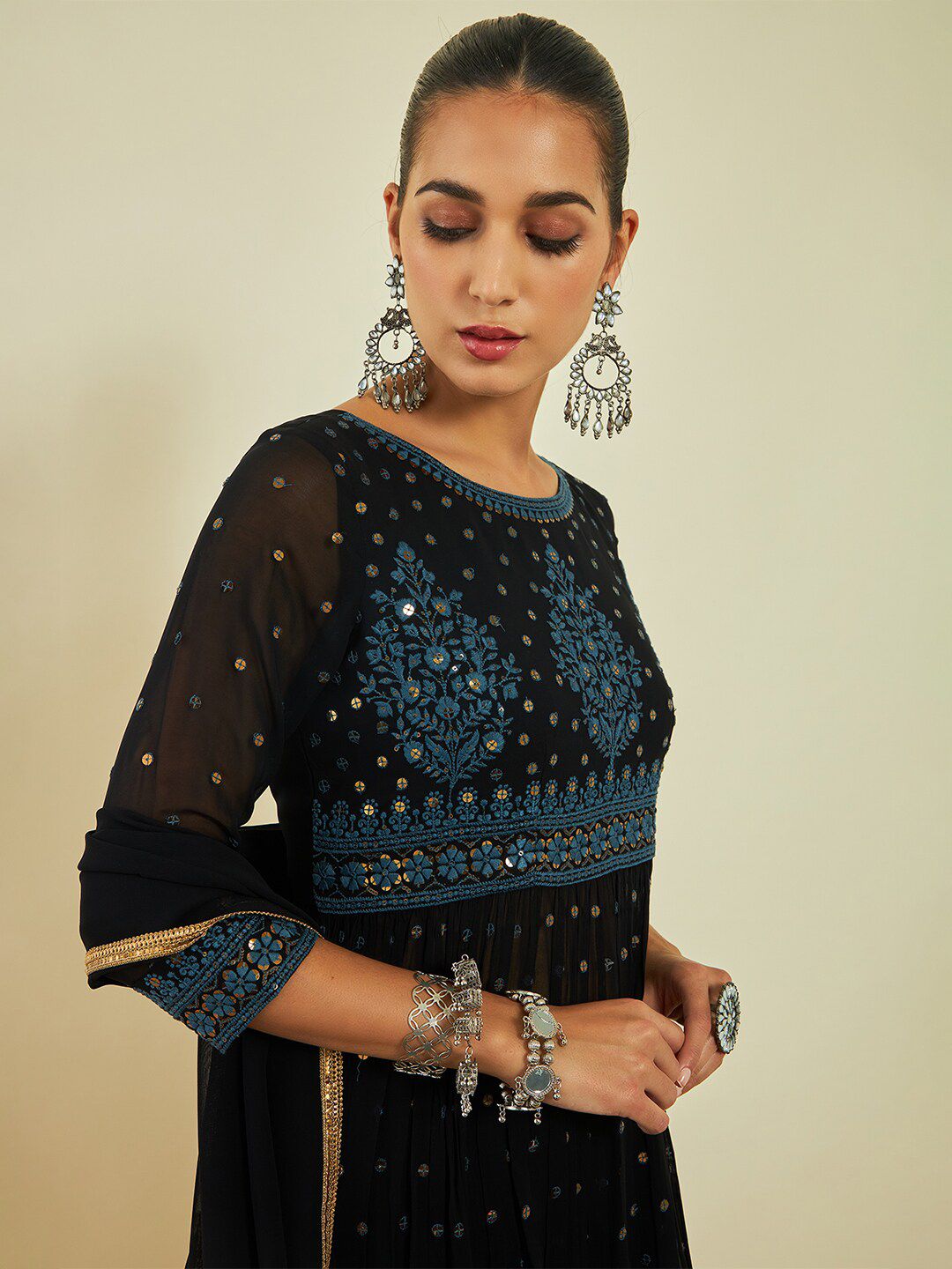 Dhiyona SO Women's Ethnic Motifs Embroidered Sequinned A-line Kurta with Trousers & With Dupatta