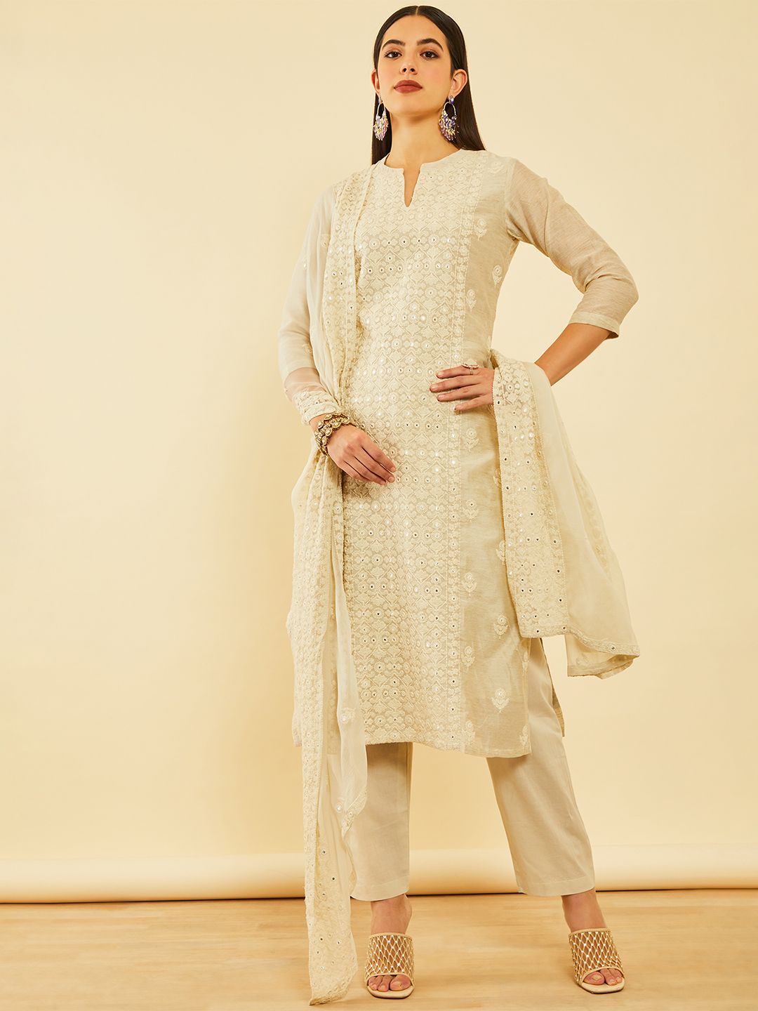Dhiyona SO Women's Beige Floral Embroidered Chanderi Silk Straight Kurta With Trousers & Dupatta