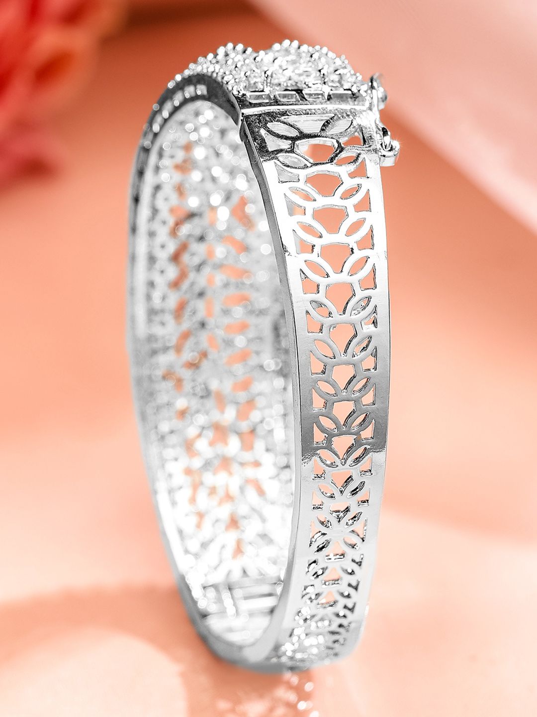 Dhiyona RJ Women's Rhodium-Plated White Cubic Zirconia Studded Openable Bracelet with Classic Design
