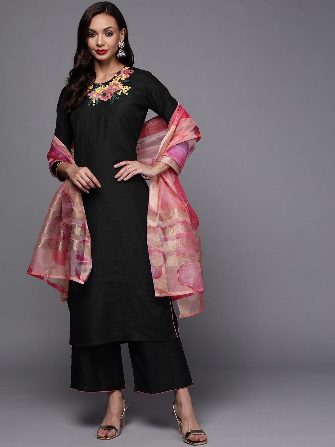 Dhiyona IE Women Black Embroidered Kurta with Palazzos & With Dupatta