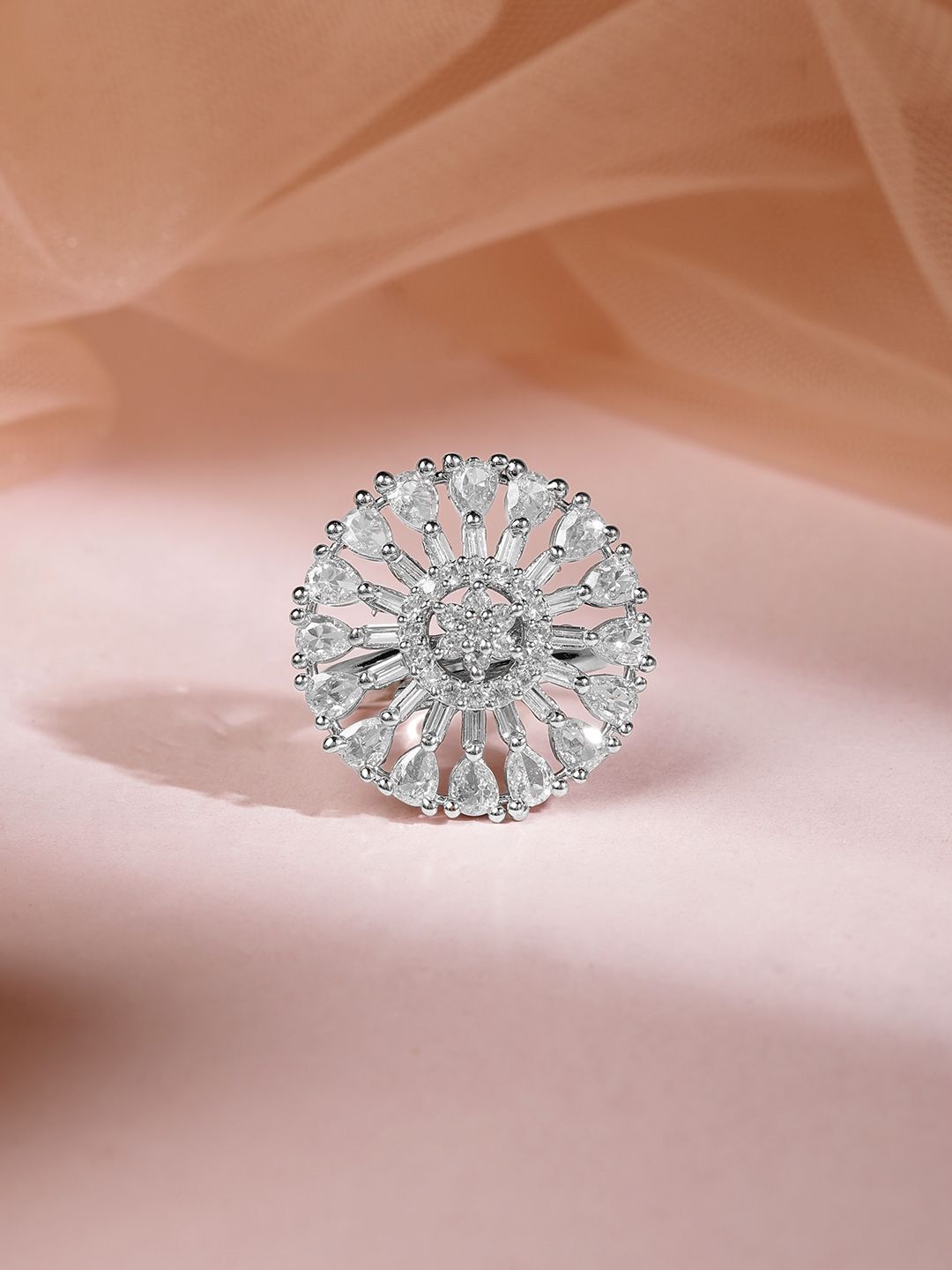 Dhiyona RJ Women's Rhodium Plated Cubic Zirconia Studded Finger Ring