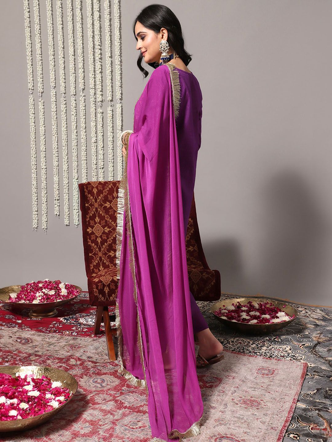 Dhiyona VA Women'sFloral Yoke Design Gotta Patti Pure Cotton Kurta & Trousers With Dupatta