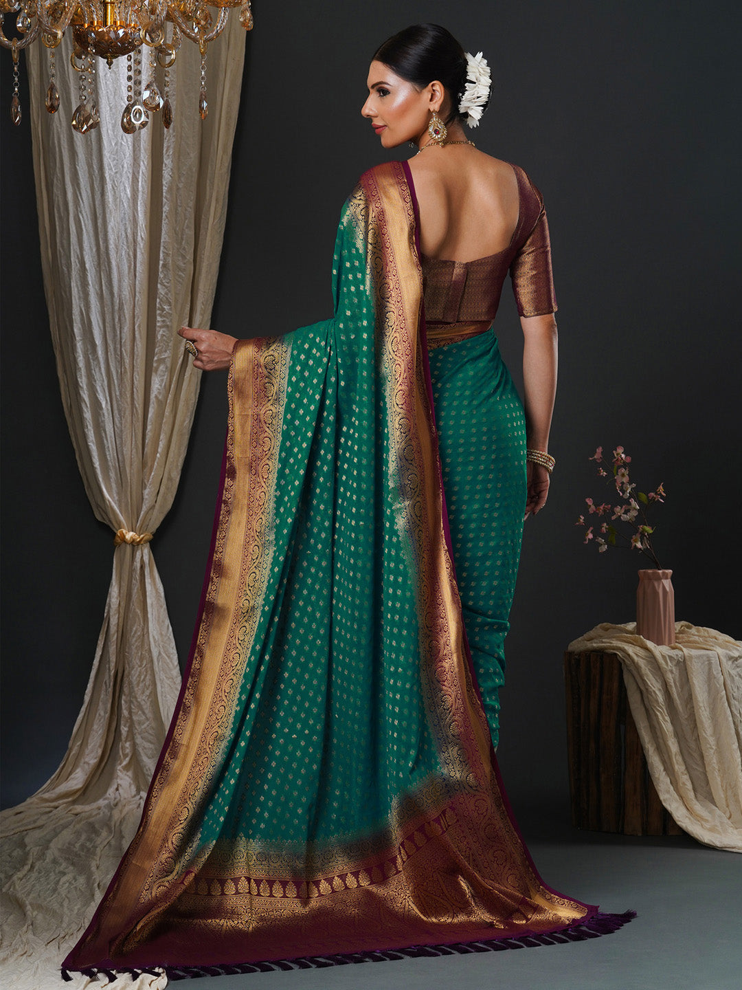 Women's Georgette Burgundy Woven Design Designer Saree With Blouse Piece