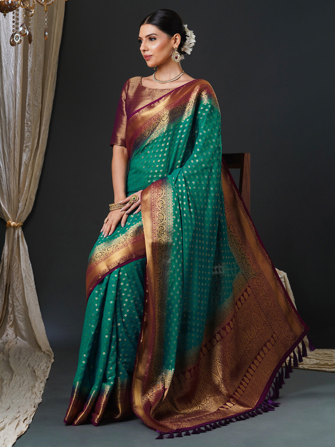 Women's Georgette Burgundy Woven Design Designer Saree With Blouse Piece
