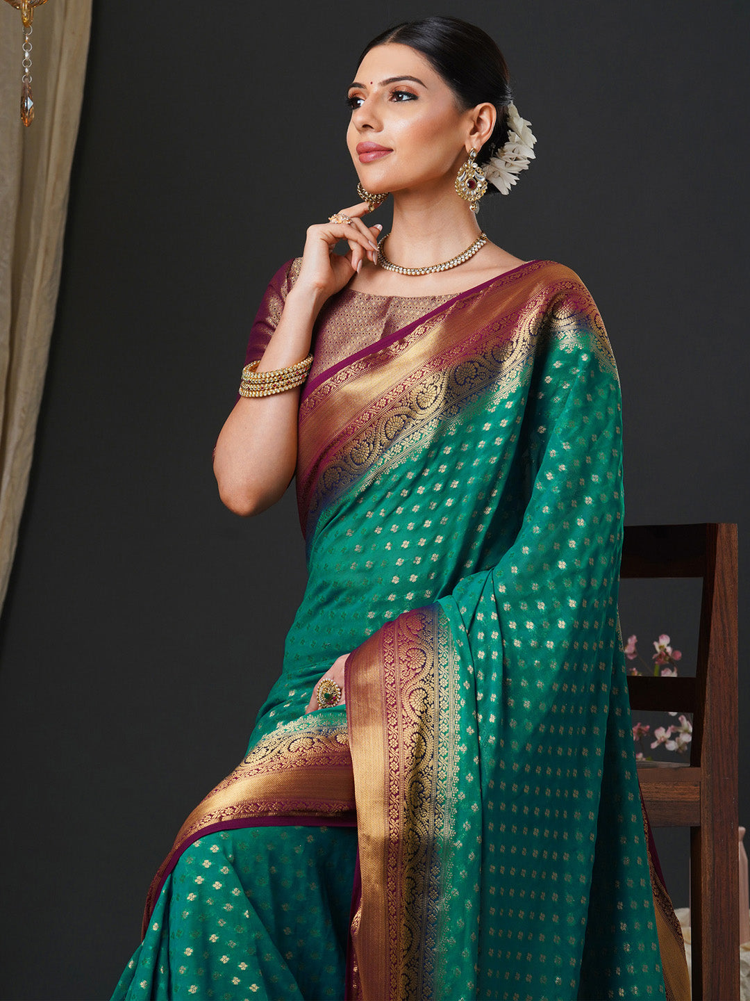 Women's Georgette Burgundy Woven Design Designer Saree With Blouse Piece