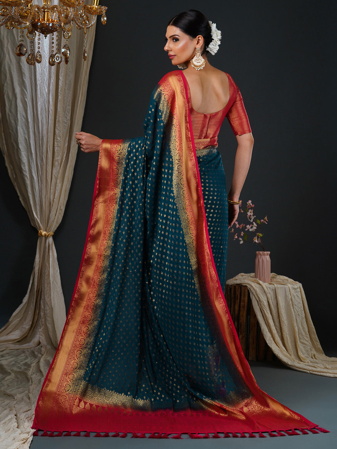 Women's Georgette Red Woven Design Designer Saree With Blouse Piece