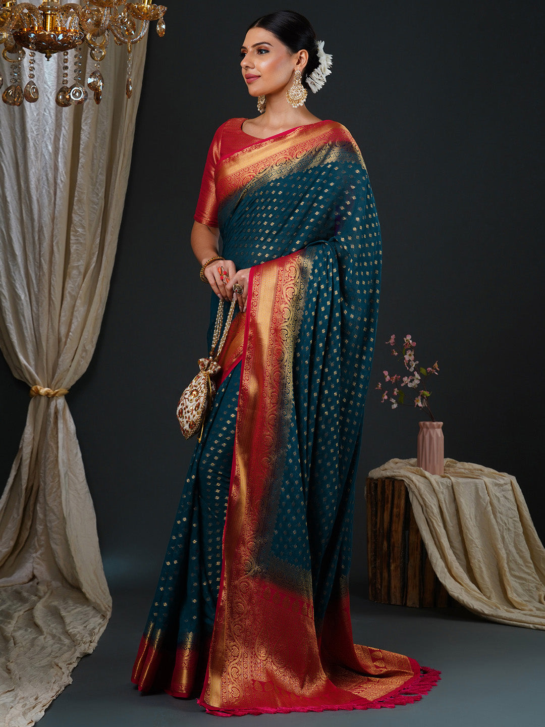 Women's Georgette Red Woven Design Designer Saree With Blouse Piece