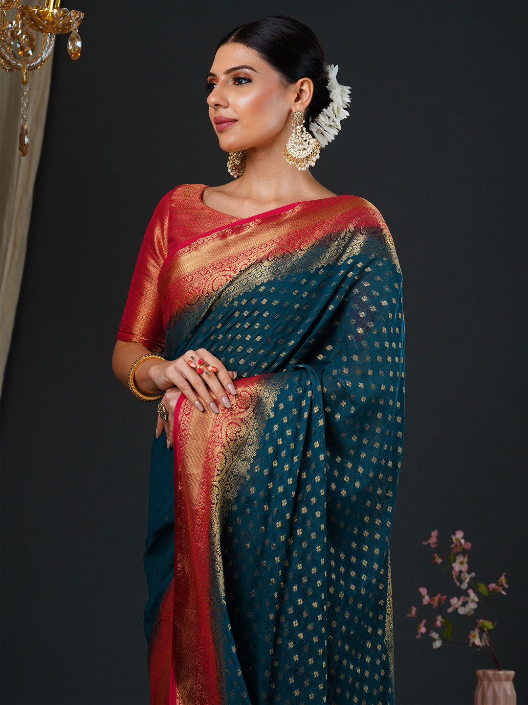 Women's Georgette Red Woven Design Designer Saree With Blouse Piece