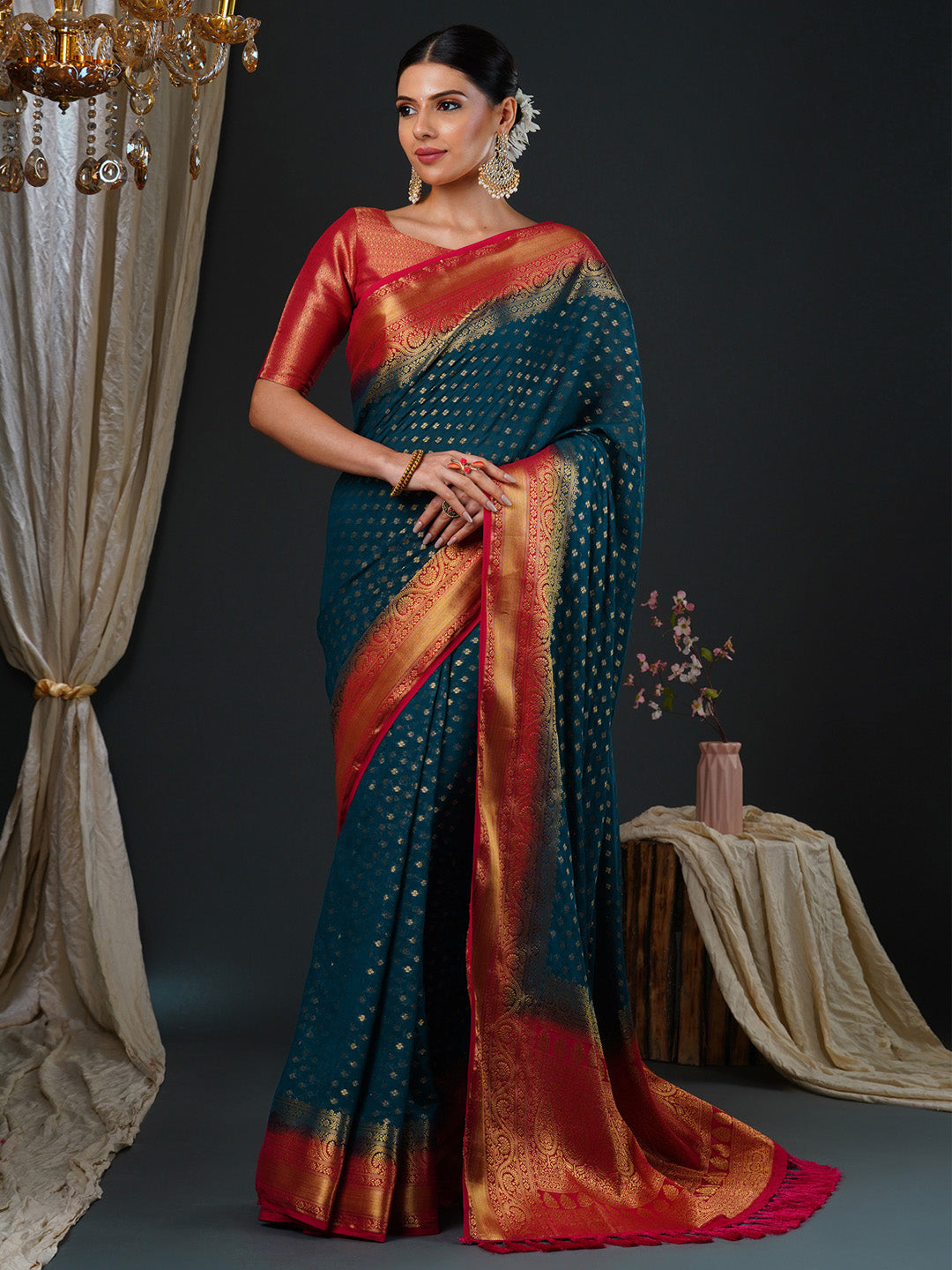 Women's Georgette Red Woven Design Designer Saree With Blouse Piece