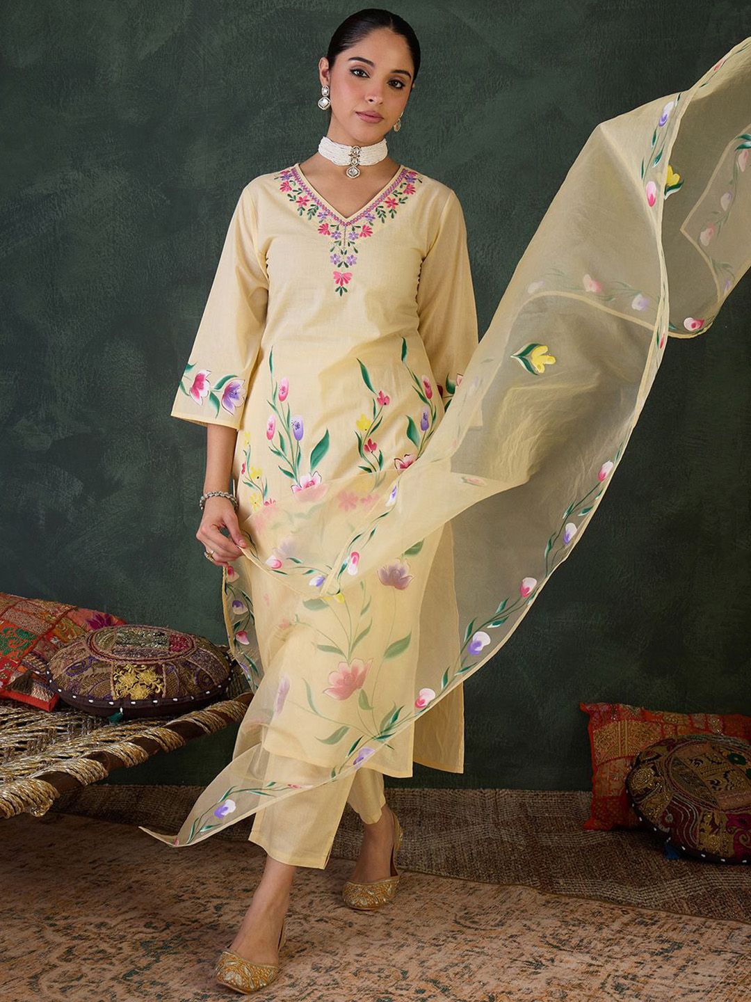 Dhiyona IE Floral Embroidered Neck Pure Cotton Kurta With Trousers & Dupatta