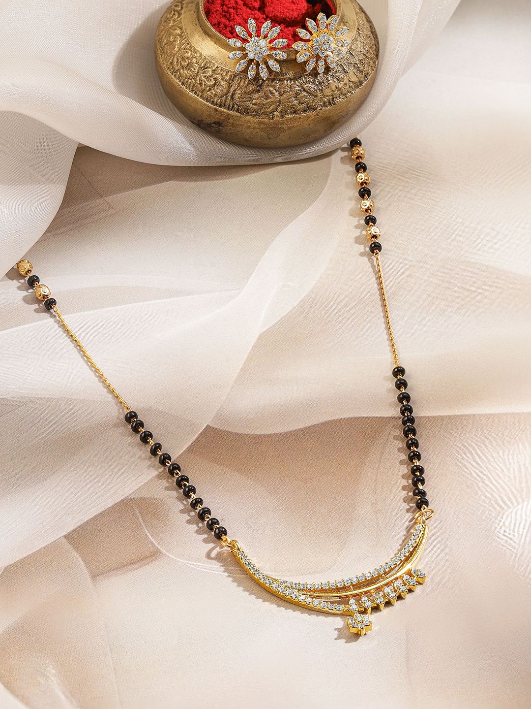 Dhiyona RJ Women's 18K Gold-Plated Cubic Zirconia Crescent Moon Mangalsutra Set with Black Beads Chain