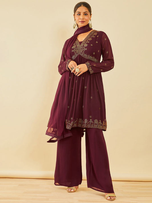 Dhiyona SO Women's Women Alia Cut Floral Embroidered Angrakha Beads and Stones Kurta with Palazzos & With Dupatta