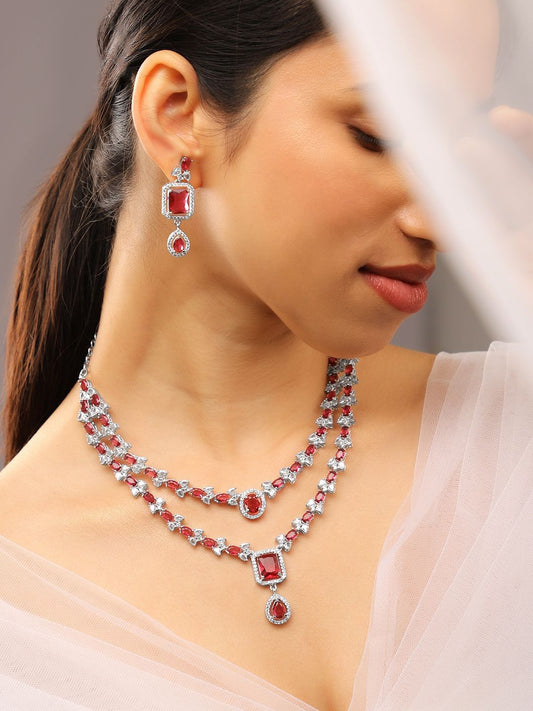Dhiyona RJ Women's Rhodium-Plated Ruby Red & White Cubic Zirconia Studded Luxe Layered Necklace Set