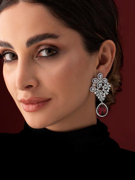 Dhiyona RJ Women's Silver-Toned & Red Classic Drop Earrings