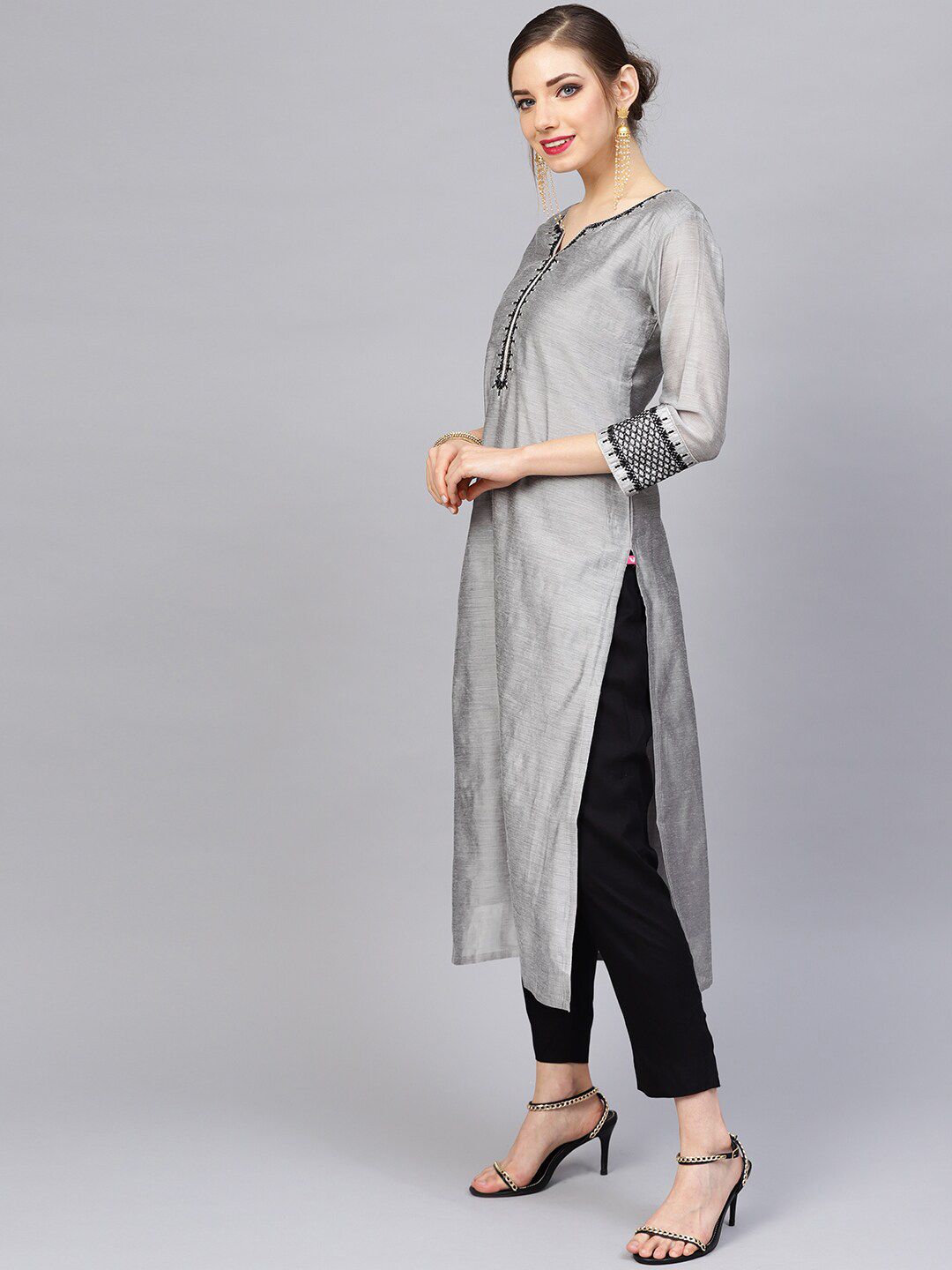 Dhiyona VA Women's Grey & Black Zari & Thread Work Kurta with Trousers & Dupatta