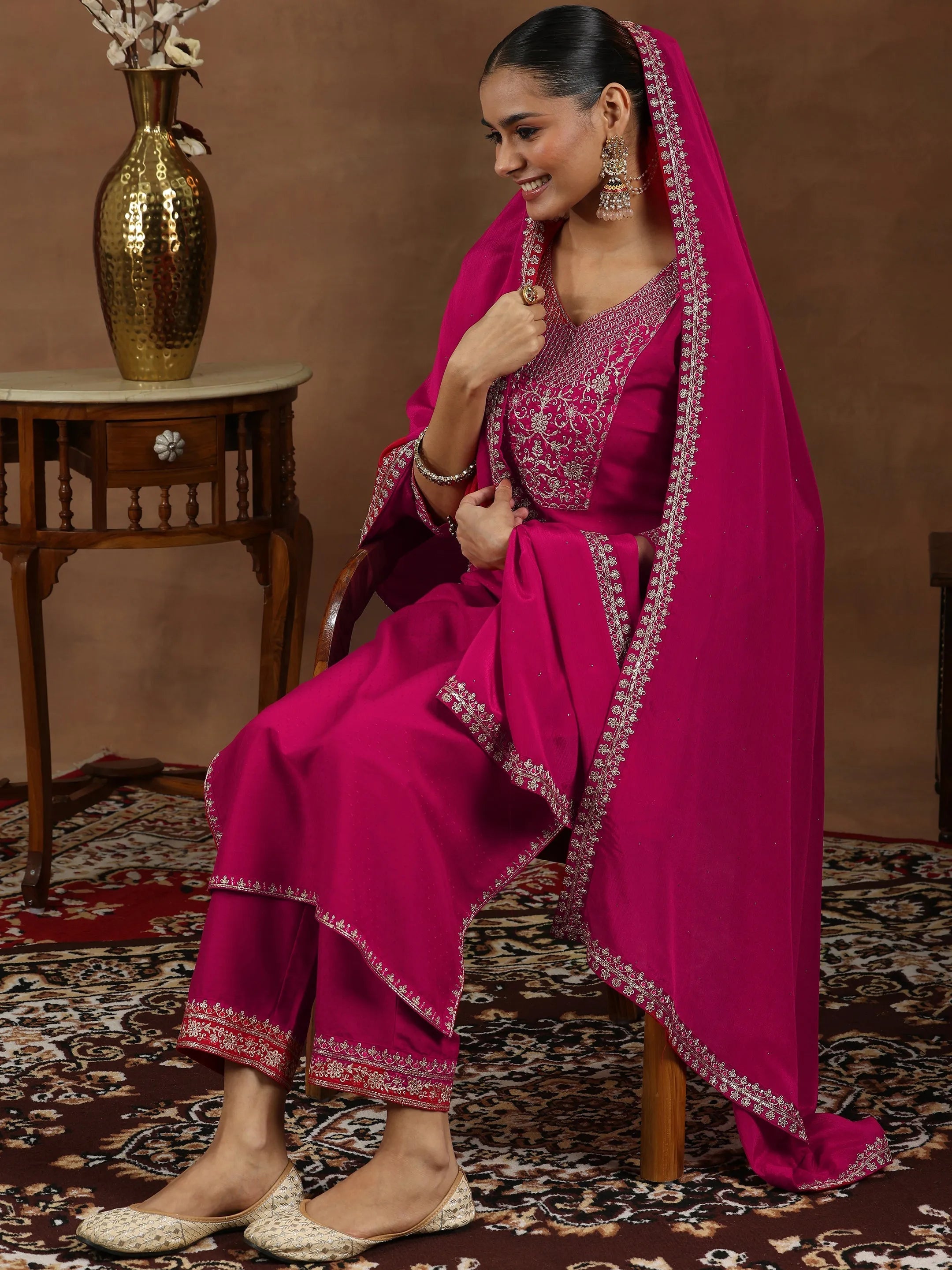 Pink Yoke Design Velvet Straight Suit Set With Dupatta