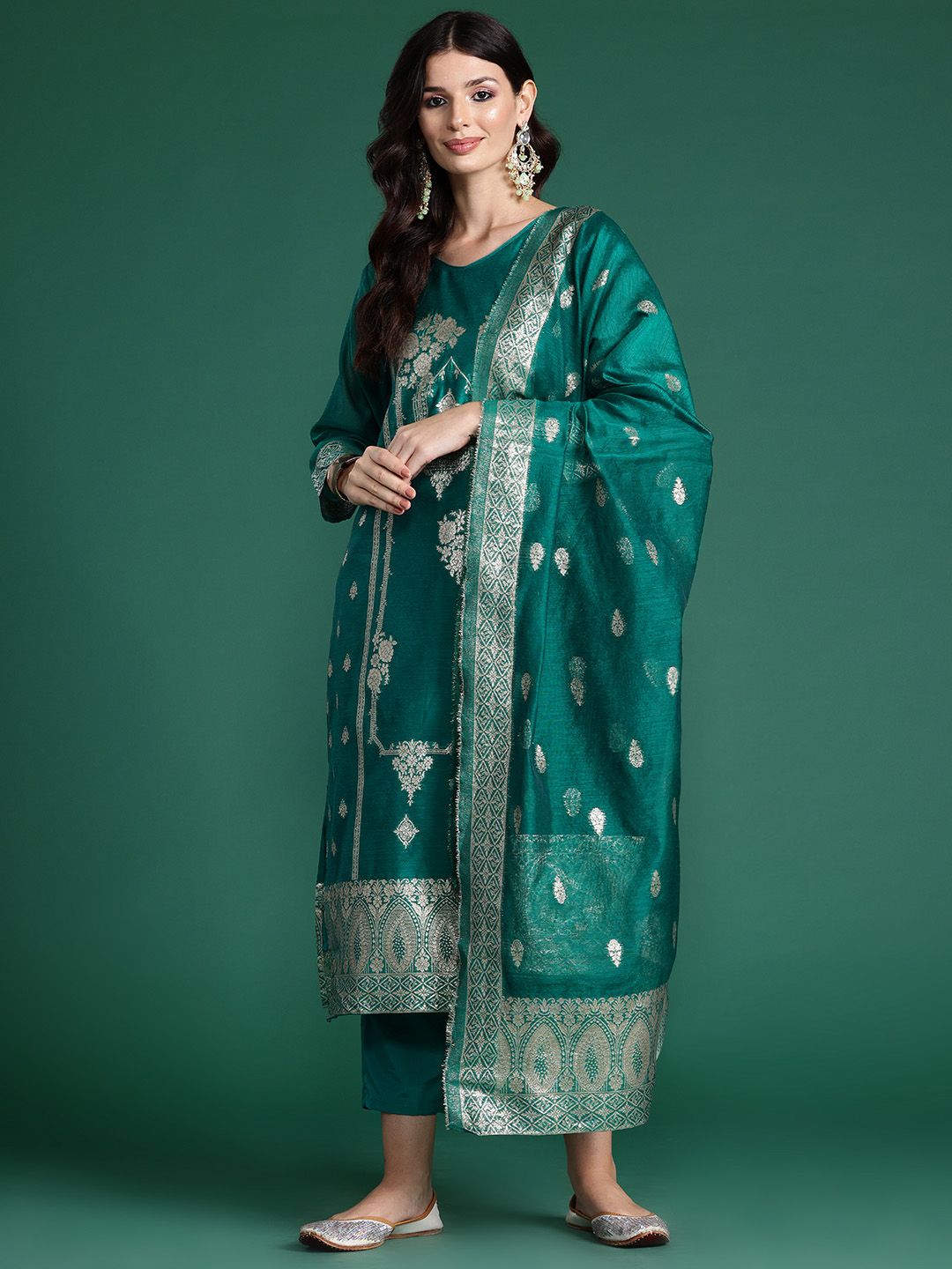 Dhiyona IE Ethnic Motifs Woven Design Zari Kurta With Trousers & Dupatta