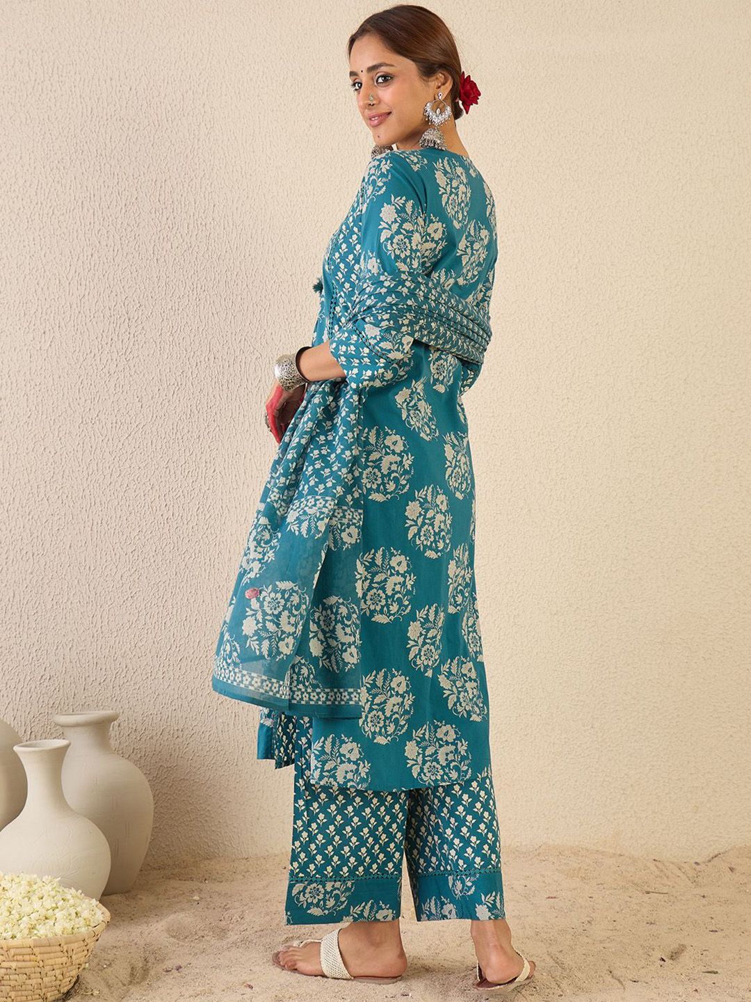 Dhiyona IE Ethnic Motifs Printed A Line Pleated Pure Cotton Kurta With Trousers & Dupatta