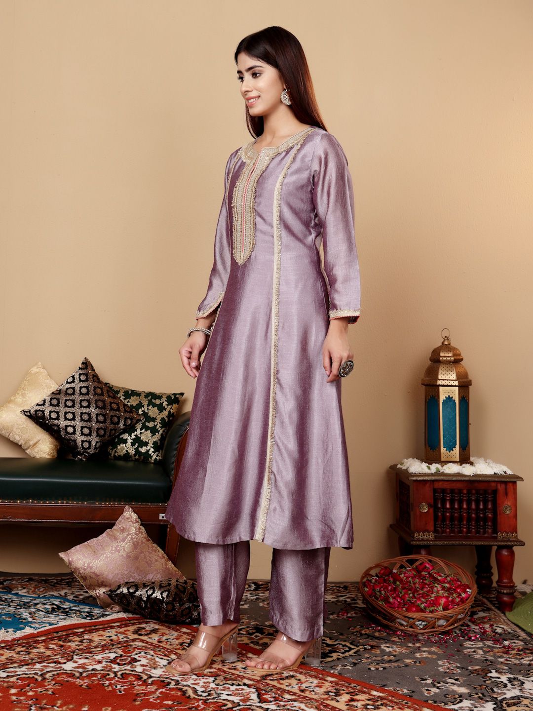 Dhiyona VA Women'sLavender Embroidered Yoke Design Notch Neck Anarkali Kurta with Trousers & Dupatta
